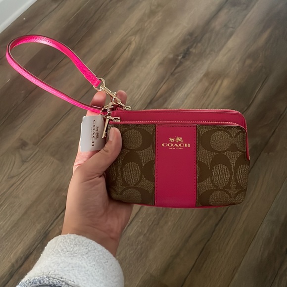 NWT Coach Double Corner Zip Wristlet Khaki/ Pink Ruby - Picture 8 of 10